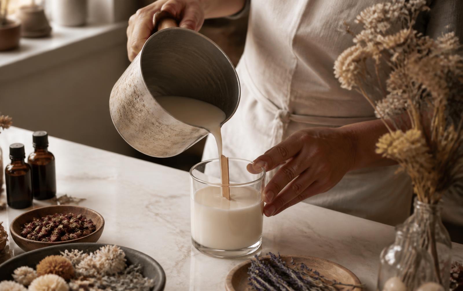 Molten cream wax being poured by hand into a glass vessel in a warm atelier