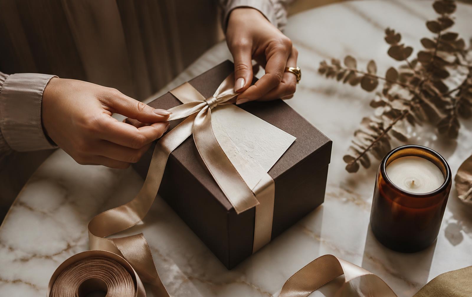 A cream lacquer gift box with gilded ribbon and a handwritten note card