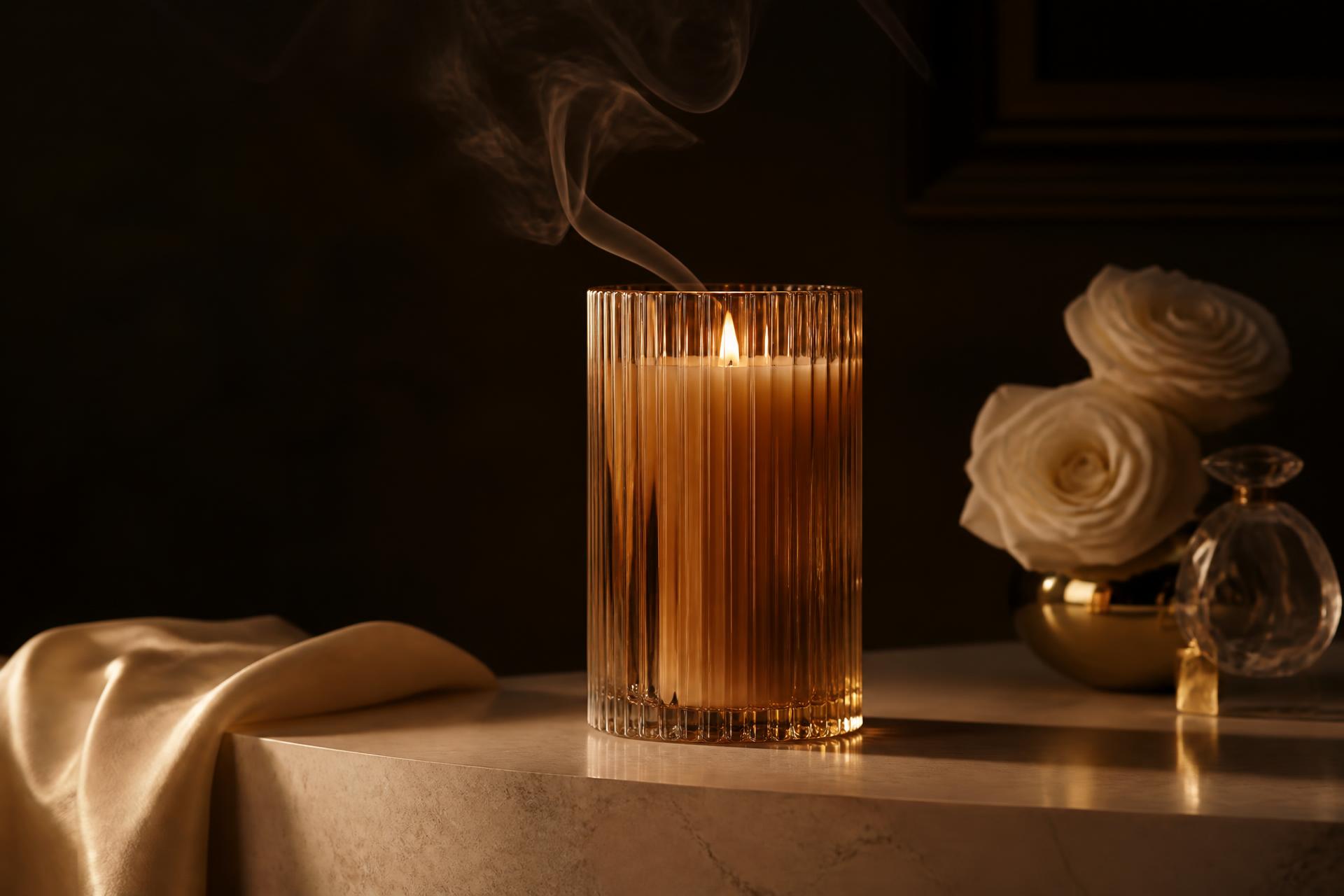 A lit ribbed amber glass candle on cream marble in warm ambient light